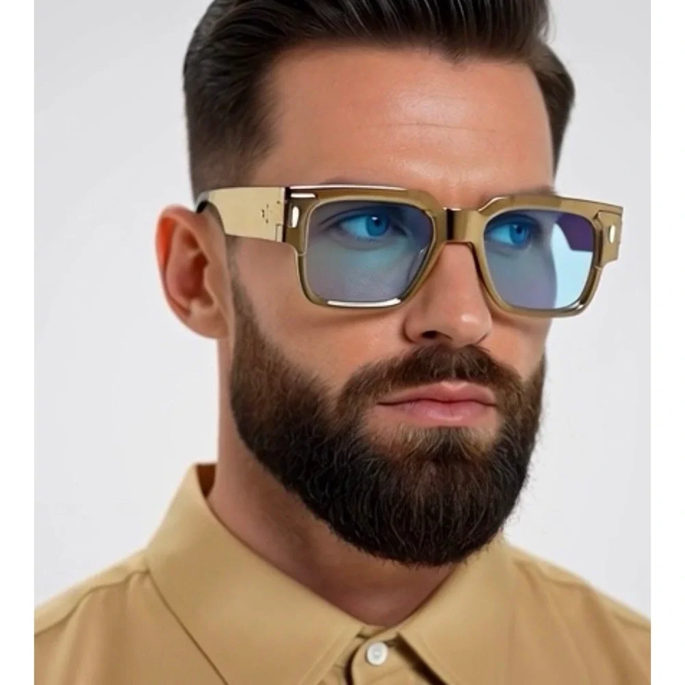 Stylish Mens Sunglasses Translucent Brown Frame Blue Lens Rectangular Modern New